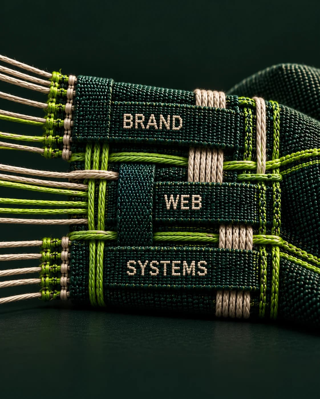 Dark woven textile with lime and ivory threads spelling BRAND, WEB and SYSTEMS.