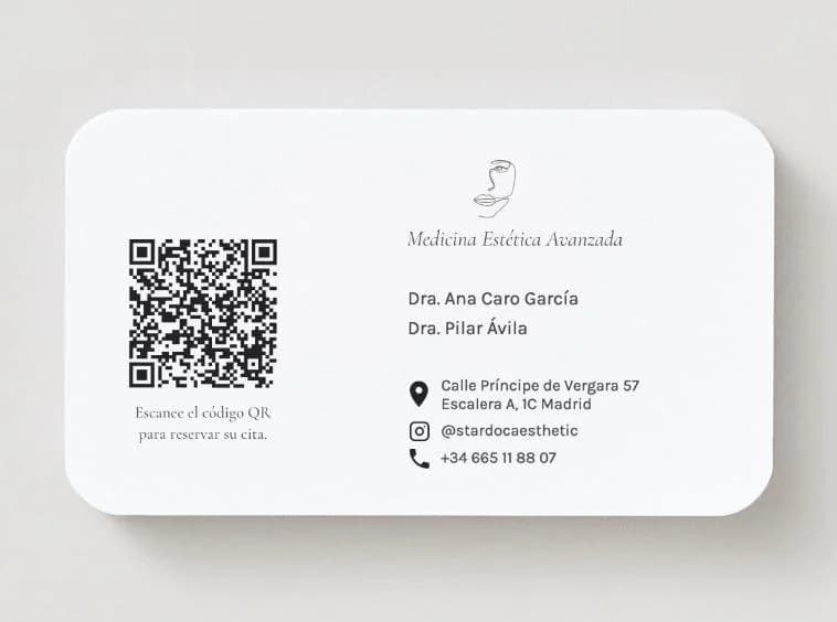 Back side of Stardoc aesthetic business card with QR code, doctors, address, social handle, and phone number.