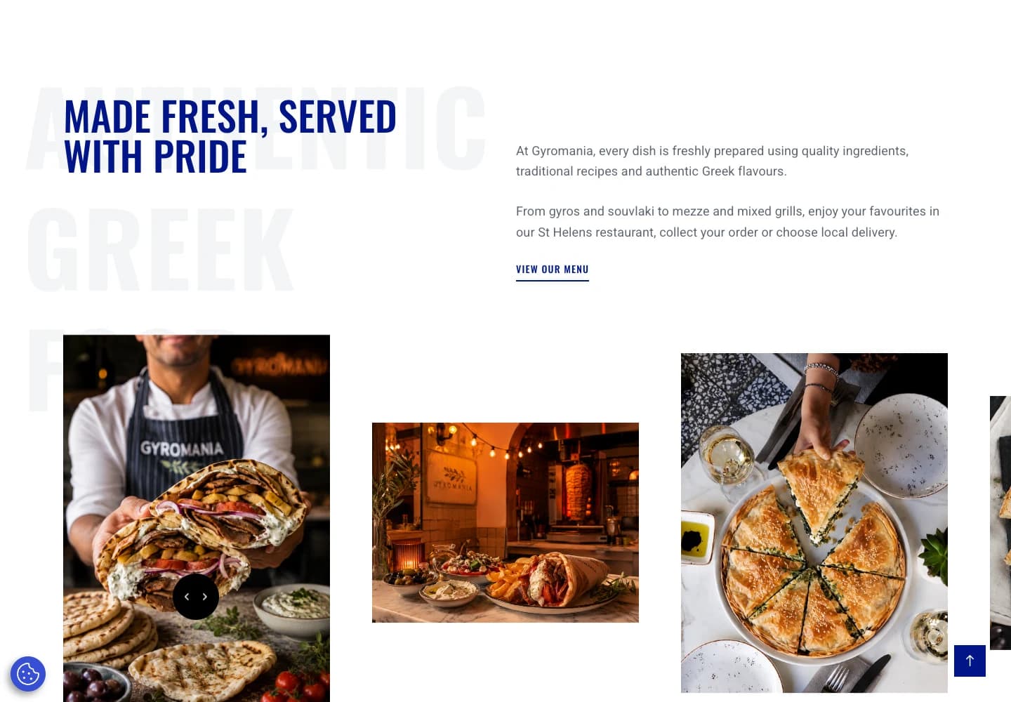 Gyromania Greek website showing food photography and the introduction to its Greek menu.