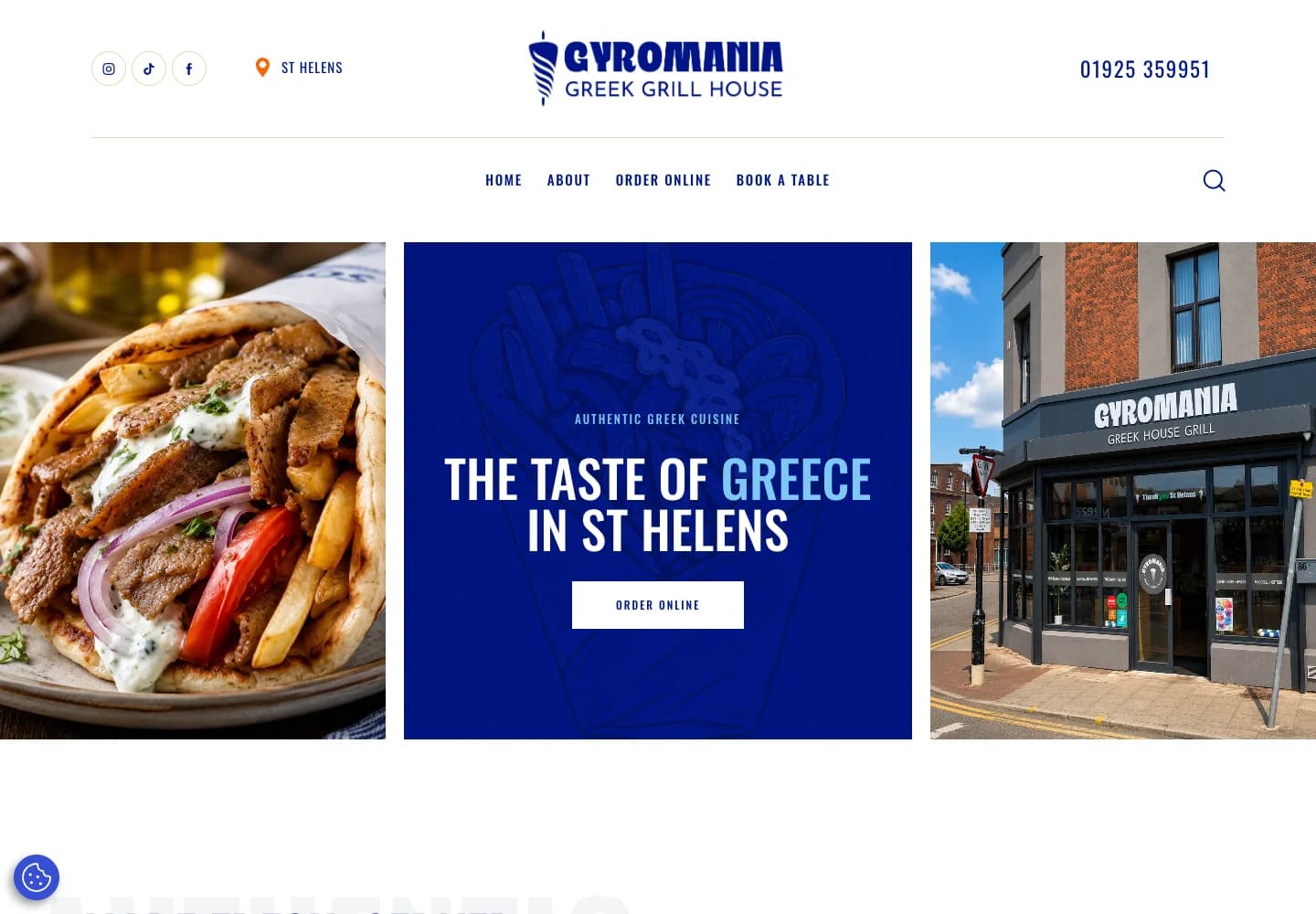 Gyromania Greek homepage with Greek food photography, the St Helens restaurant and a direct online ordering link.