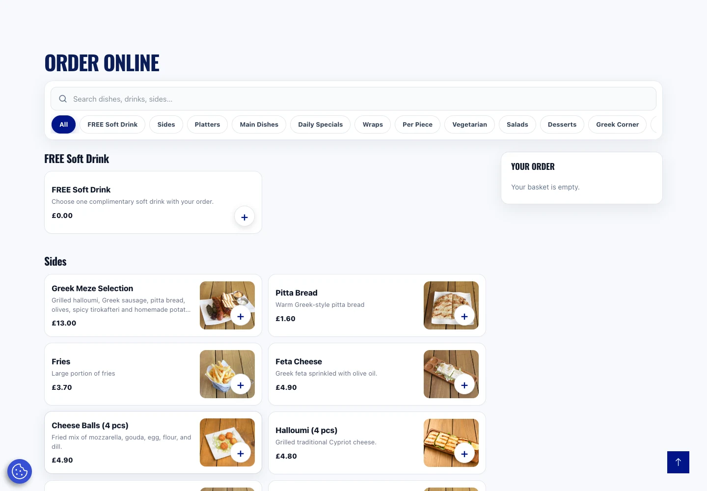 Gyromania online menu with category navigation, dish descriptions, prices and the order basket.