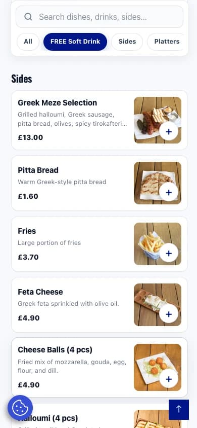 Gyromania online menu on a phone, showing category navigation and individual dish cards.