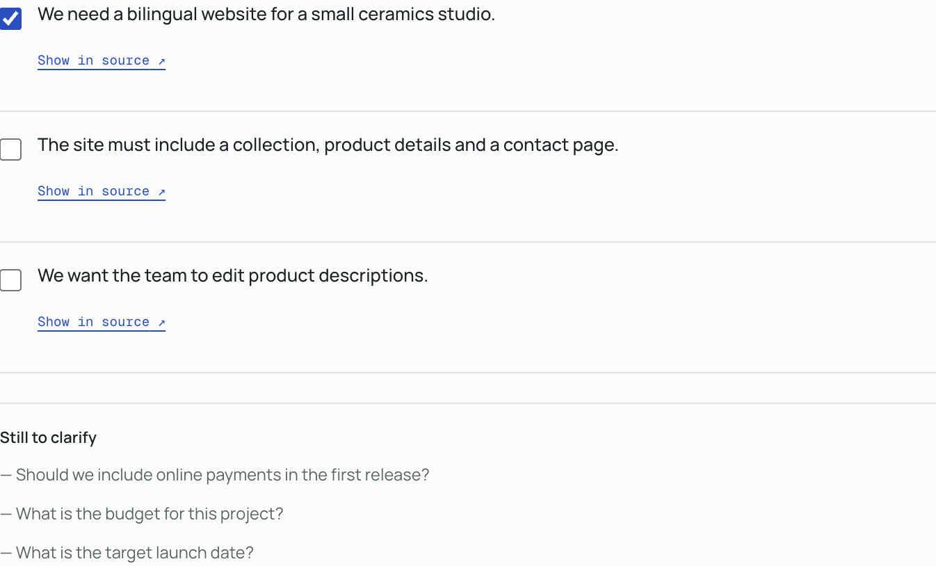 Requirement checkboxes with one approved item and separate open questions
