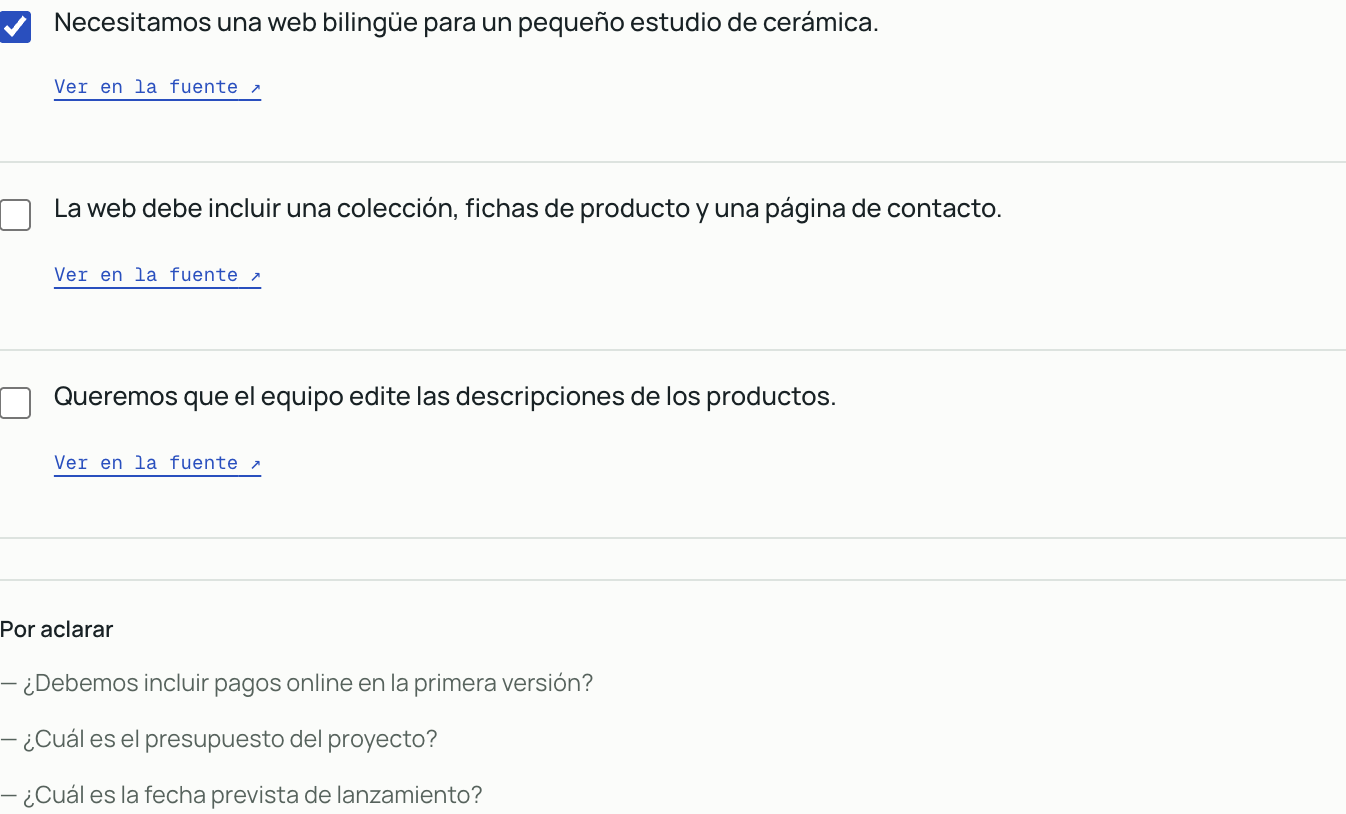 Casillas de requisitos con uno aprobado y preguntas abiertas separadas