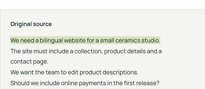 Original source with the selected requirement highlighted