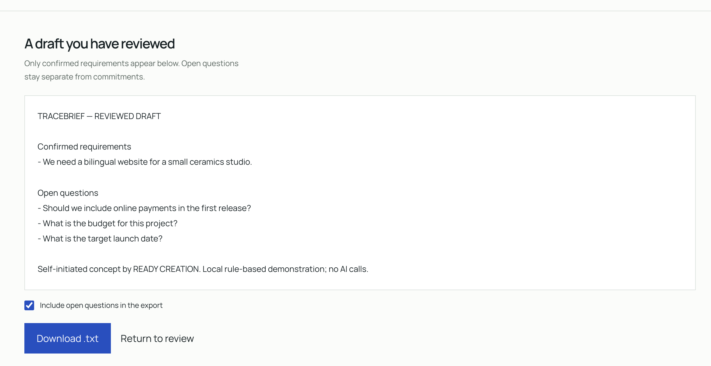 Tracebrief reviewed draft with confirmed scope, questions and text-download controls