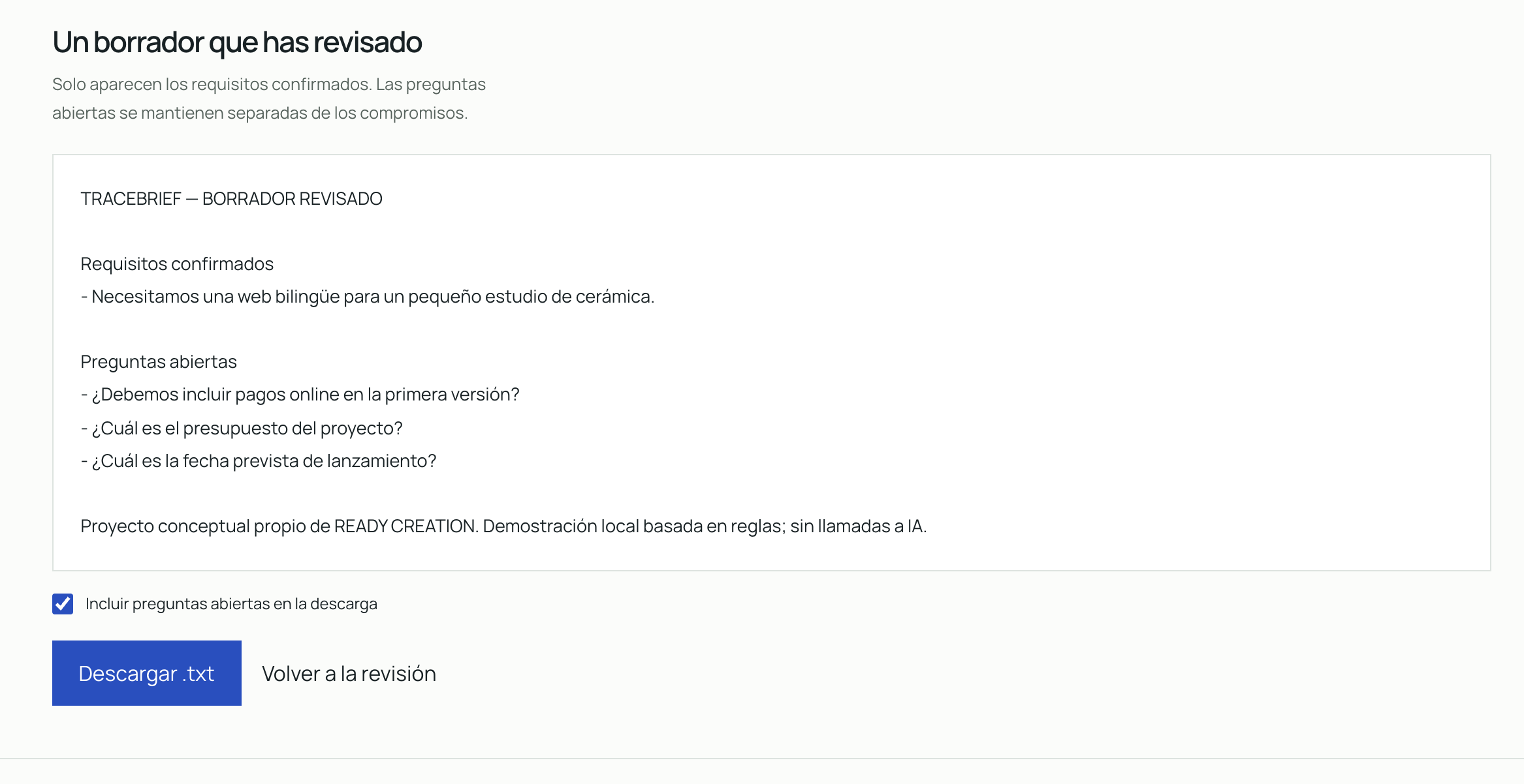 Borrador revisado de Tracebrief con alcance confirmado, preguntas y descarga de texto