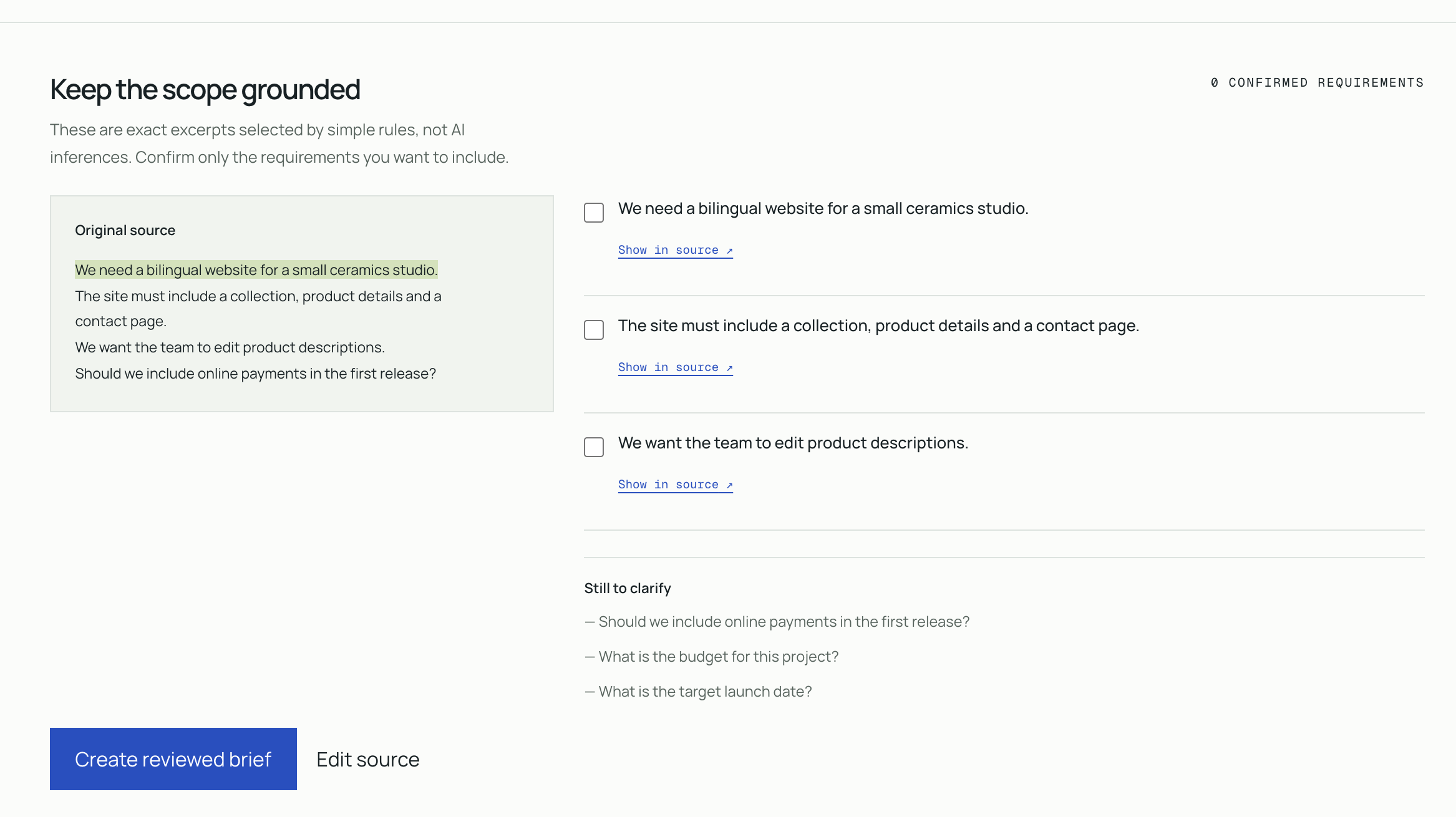 Tracebrief structured review with source notes, unconfirmed requirements and open questions