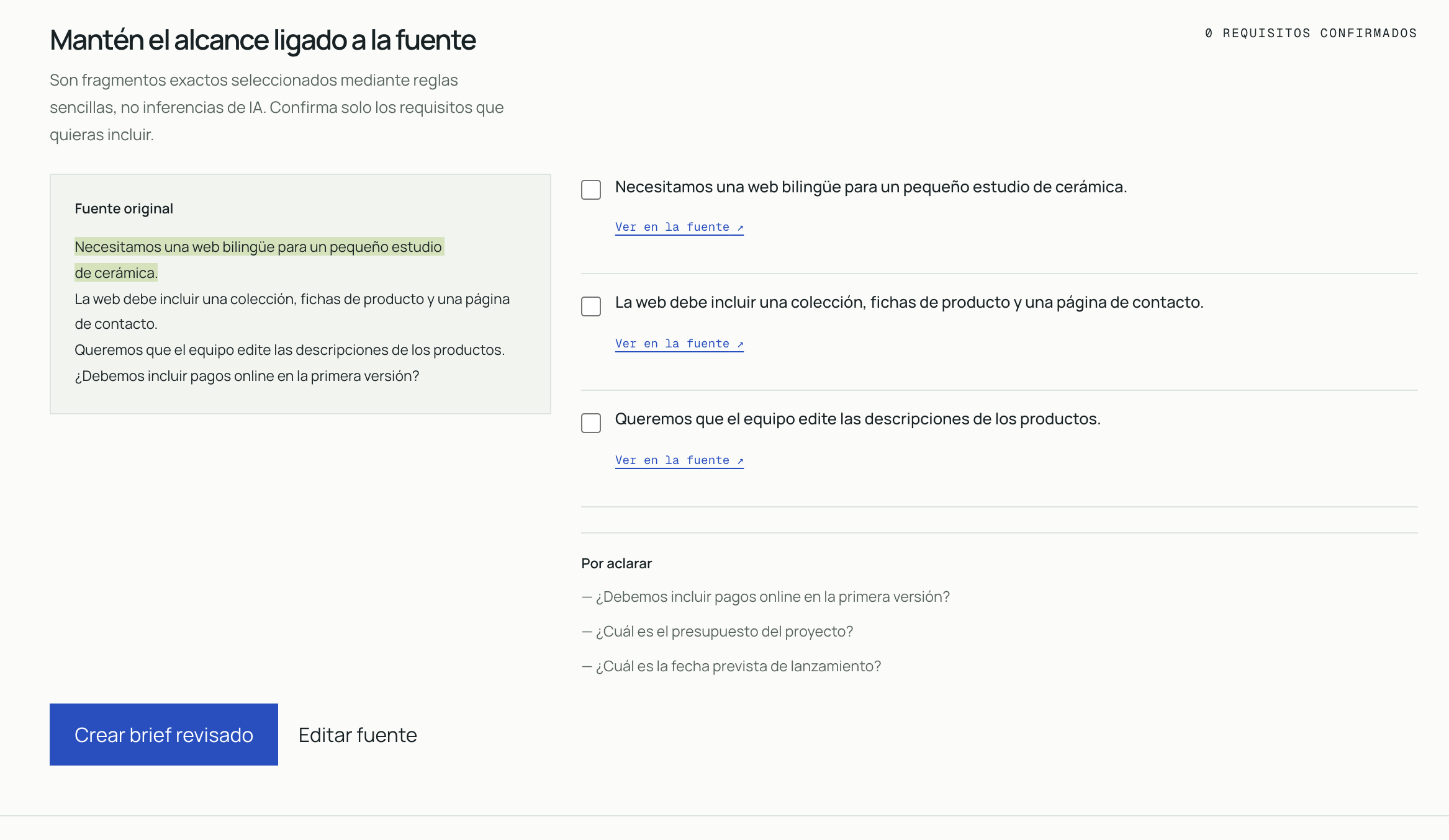 Revisión estructurada de Tracebrief con fuente, requisitos sin confirmar y preguntas abiertas