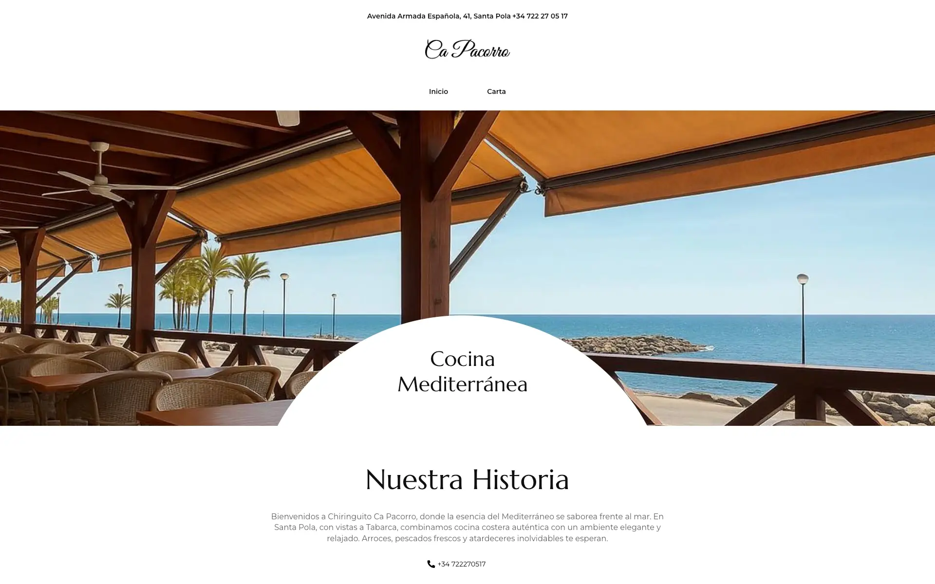 Ca Pacorro restaurant website featuring its seafront dining terrace.