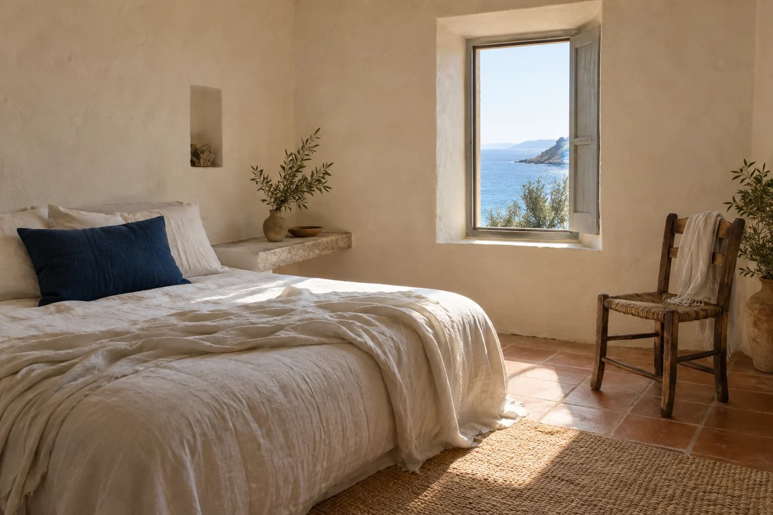 Habitación conceptual generada con ropa de lino, paredes encaladas y una ventana hacia el mar