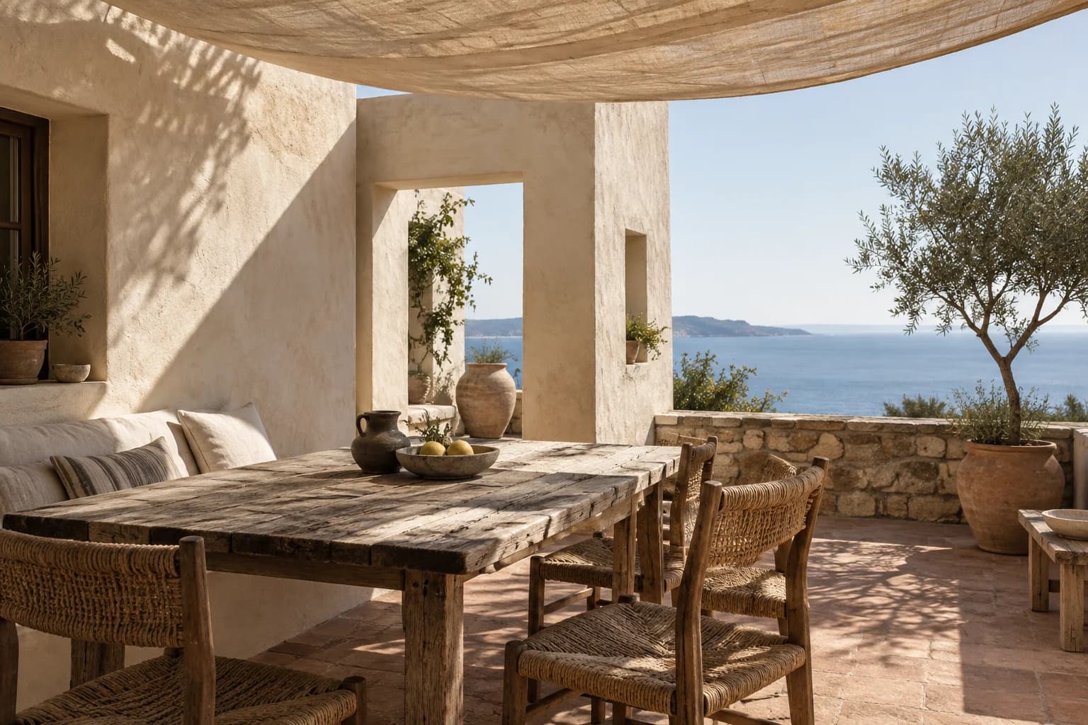 Terraza conceptual generada con paredes encaladas, mesa de madera y vistas al mar