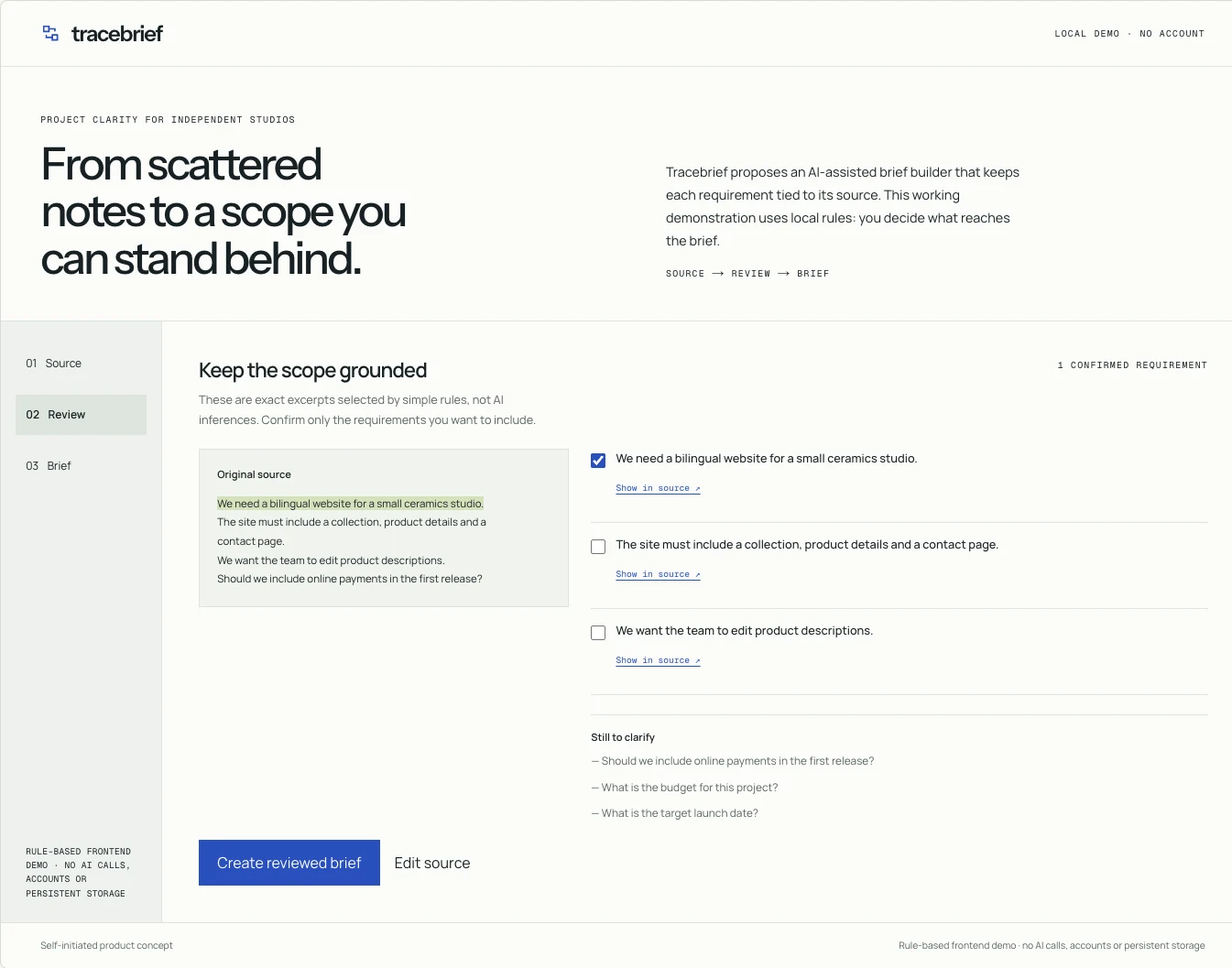 Interfaz conceptual de Tracebrief con notas originales, requisitos ligados a la fuente y preguntas abiertas
